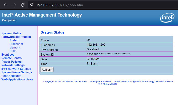 Стан системи (System Status) у веб-інтерфейсі Intel AMT