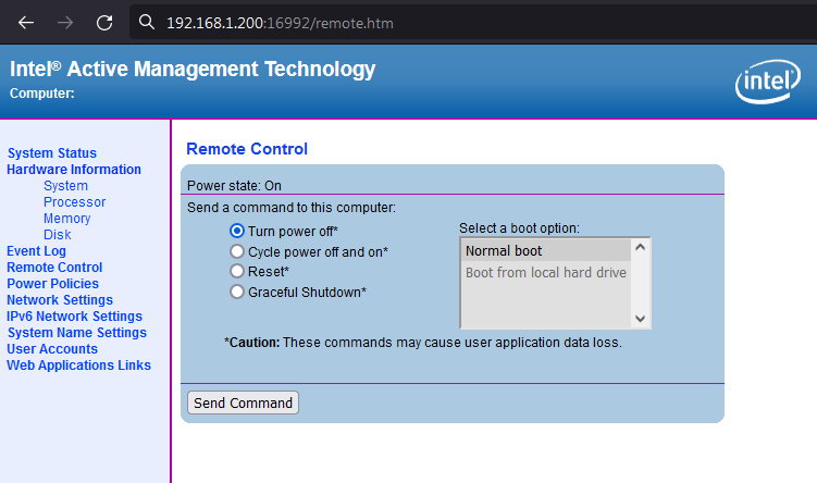 Віддалене Керування (Remote Control) у веб-інтерфейсі Intel AMT