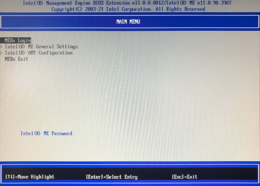 Пункт MEBx Login меню BIOS