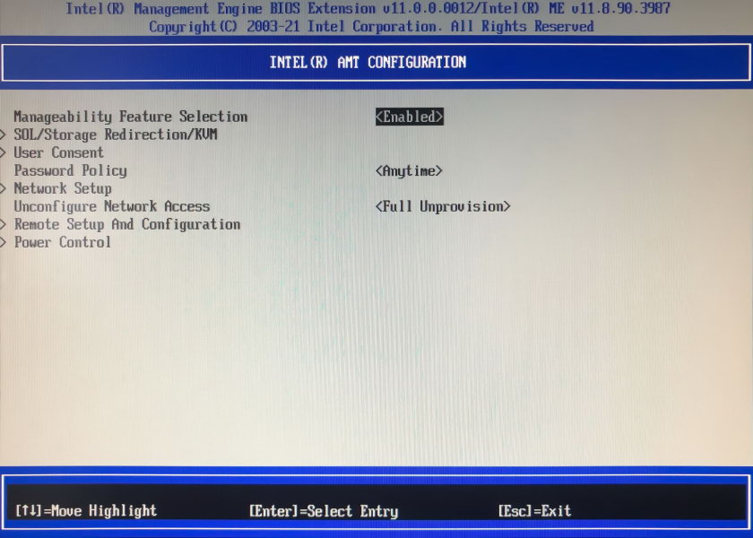 Пункт Intel AMT Configuration меню BIOS
