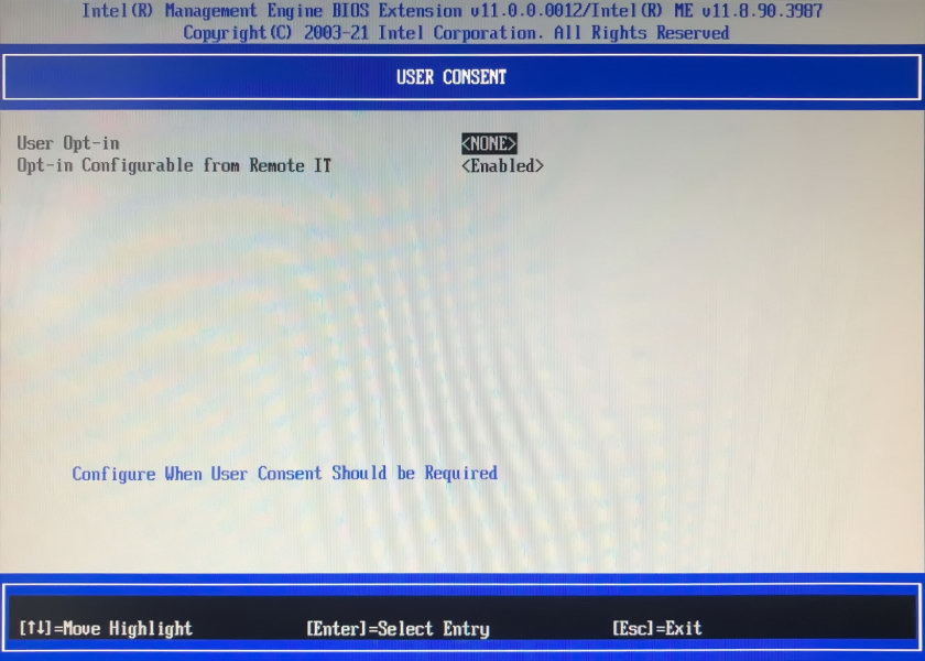 Пункт User Consent параметр User Otp-in меню BIOS