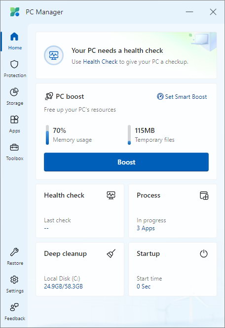 Головна вкладка Microsoft PC Manager