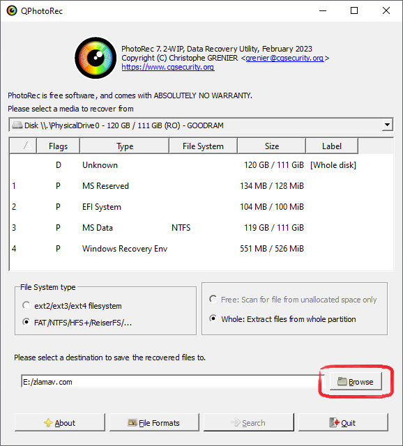 Вказуємо місце куди зберігати знайдені файли