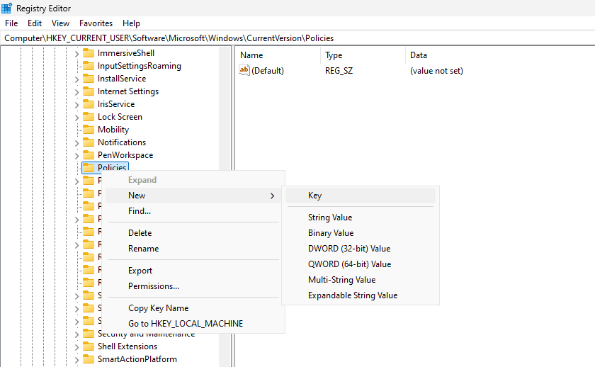 Створення нового розділу у групі Policies