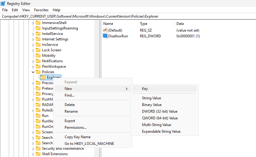 Створення розділу DisallowRun у папці Explorer