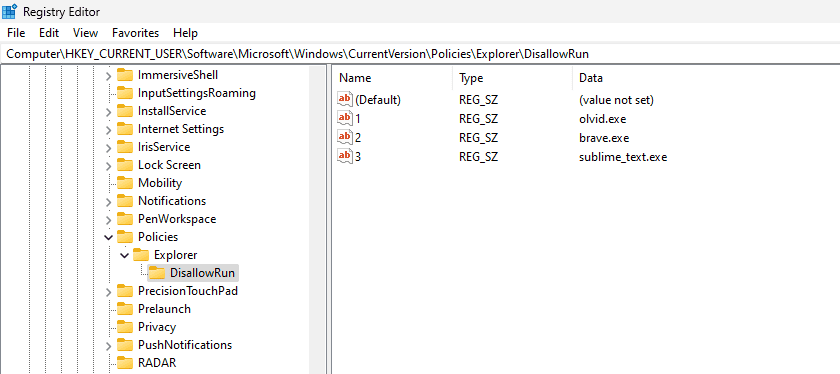 Список програм які будуть блокуватися через редактор реєстру