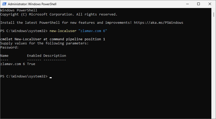 Введення команди у PowerShell для створення нового користувача