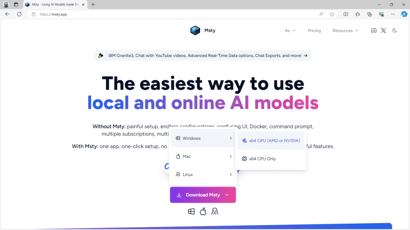 Завантаження Msty для Windows з веб-сайту msty.app