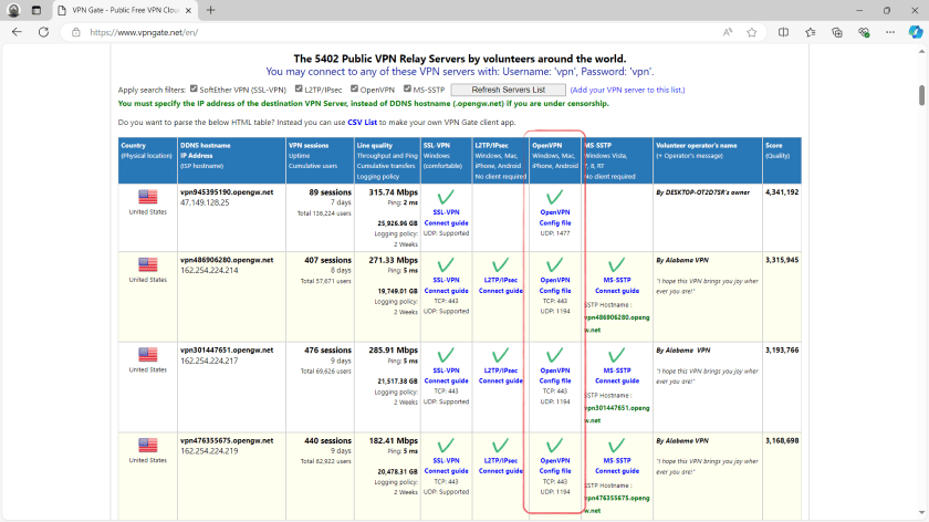 Вибір серверів на сайті VPN Gate