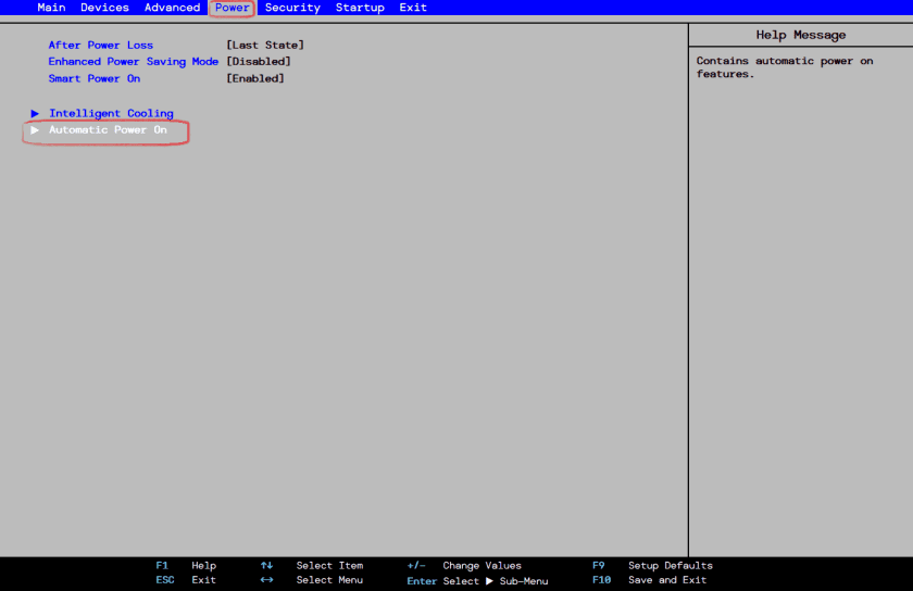Меню Power у BIOS