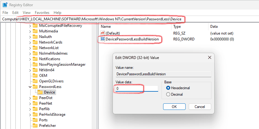 Редагування параметру DevicePasswordLessBuildVersion у Редакторі реєстру