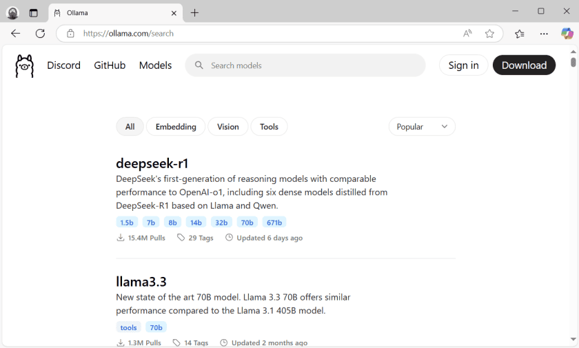 Моделі ШІ на сайті Ollama