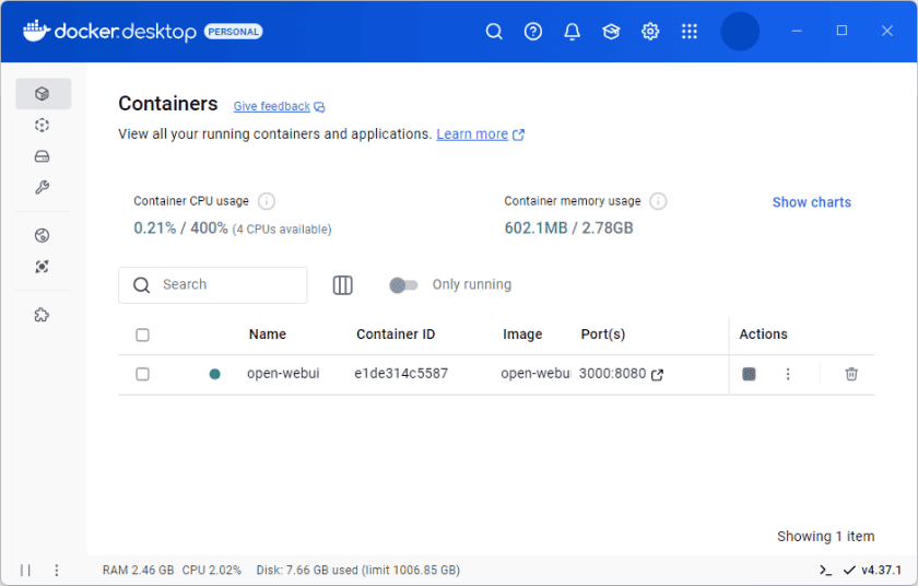 Розділ Containers з встановленим контейнером