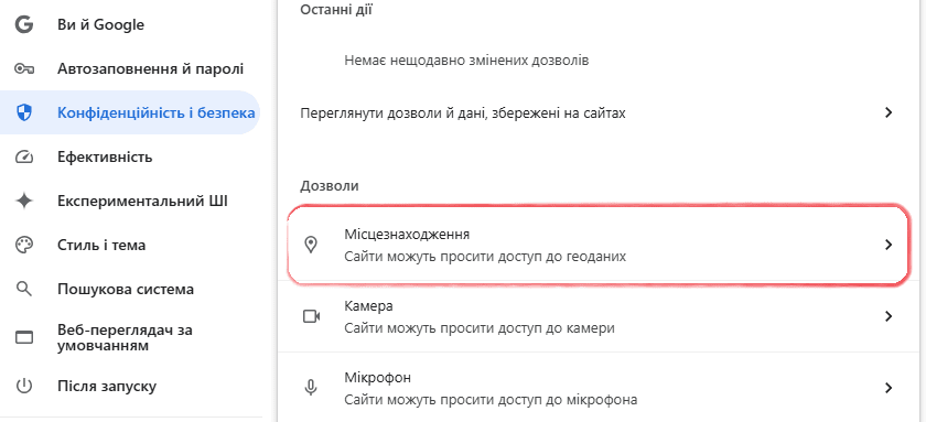 Підрозділ Дозволи в браузері Chrome