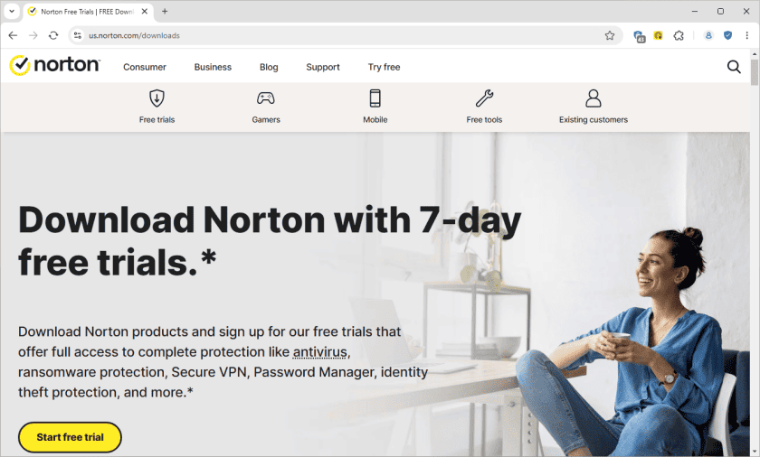 Веб сторінка безкоштовної 7-денної пробної версії Norton Security