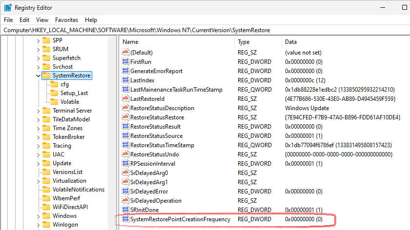 Ключ SystemRestore у Редакторі реєстру