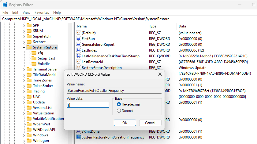 Редагування значення SystemRestorePointCreationFrequency у Редакторі реєстру