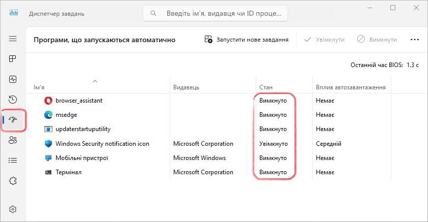 Програми що запускаються автоматично у Диспетчері завдань