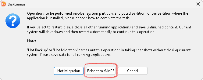 Сповіщення про необхідність перезавантажитися у режим WinPE