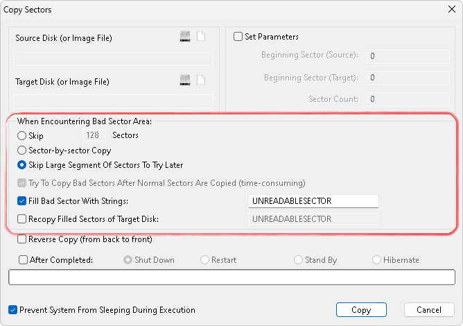 Налаштування обробки пошкоджених секторів при клонуванні