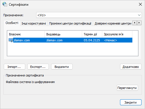 Список особистих сертифікатів