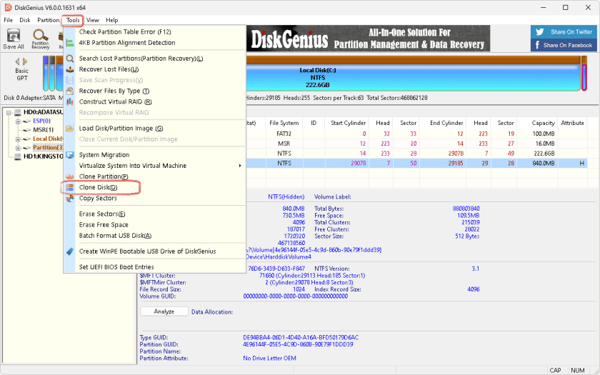 Вибір клонування диску у меню