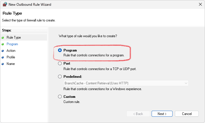 Створення правила для Програми