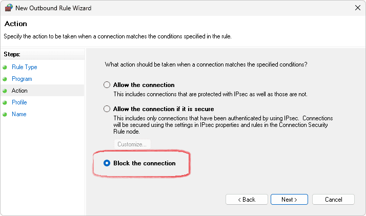 Вибір опції - Блокувати підключення