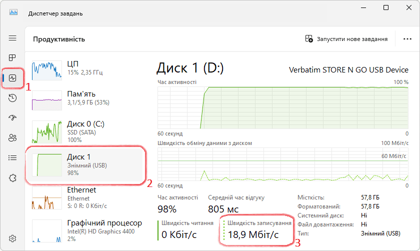 Перевірка швидкості записування на USB-диск у Диспетчері завдань