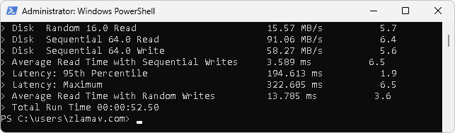 Результати тесту швидкості накопичувача у PowerShell